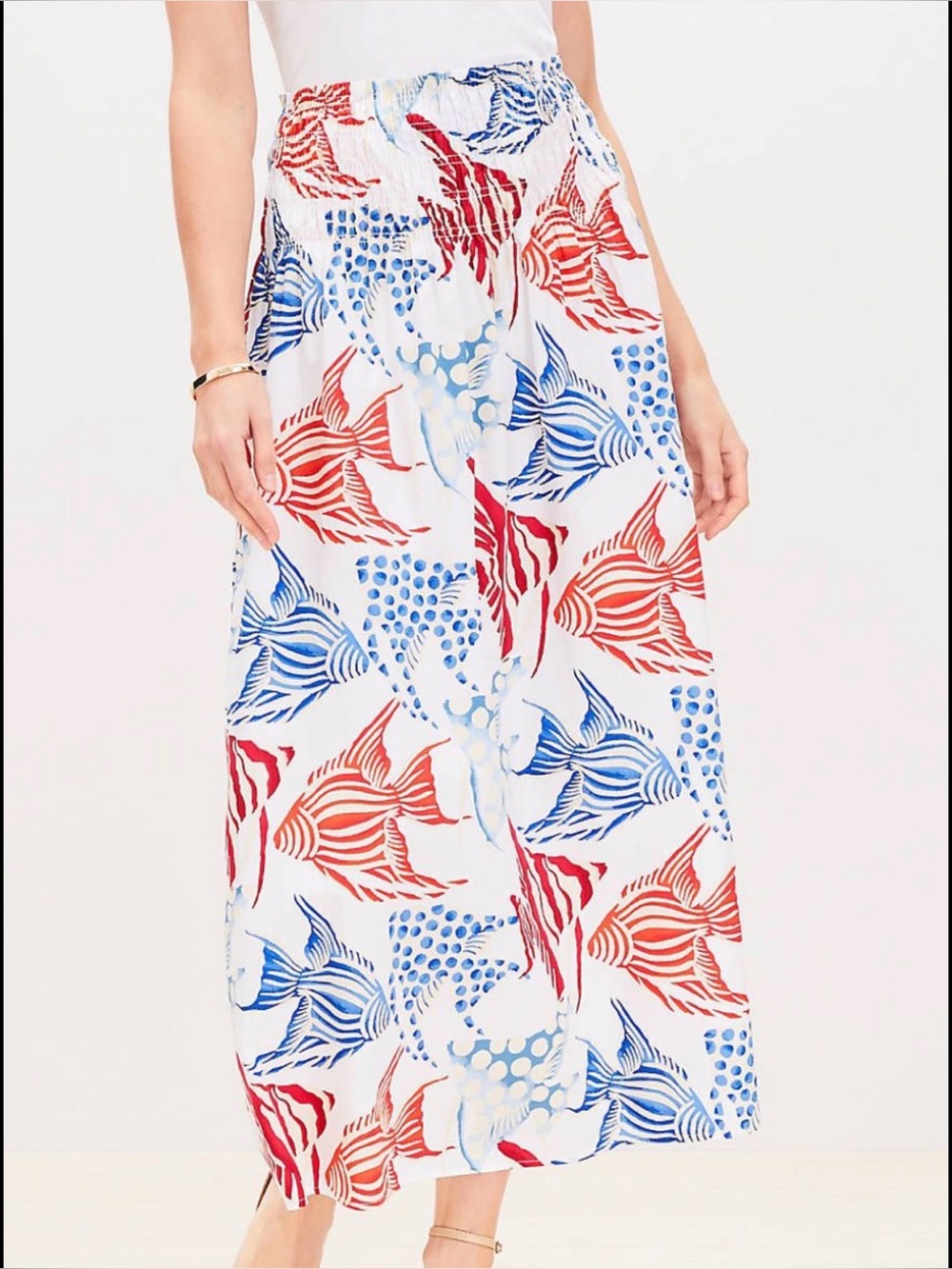 LOFT White Maxi Skirt with Red & Blue Fish Print